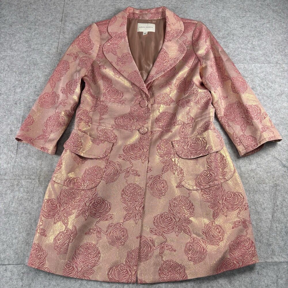 Vintage Banana Republic Pink Gold Floral Brocade Swing Coat Jacket Womens M Silk